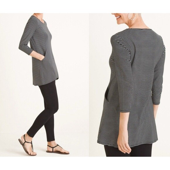 Chicos Knit Tunic Top Size 2/Large Black White Pockets Striped 3/4 Sleeve Scoop - Picture 1 of 11